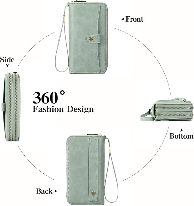 GAEKEAO Womens Wallet Large Capacity Double Zipper Ladies Card Phone Holder RFID Blocking Leather Clutch Wristlet Grip Strap