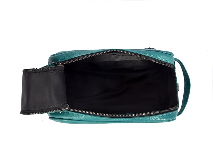 10" Premium Leather Toiletry Travel Pouch With Waterproof Lining | King-Size Handcrafted Vintage Dopp kit By Aaron Leather Goods (Steel Blue)