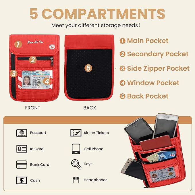 Passport Holder for Travel, RFID Passport Wallet with Visual Window Design, Multifunctional Document Organizer, Waterproof Travel Pouch Neck Wallet for Men and Women, Red