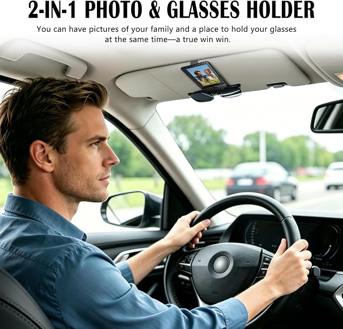 Magnetic 2-in-1 Sunglass & Photo Holder for Car Visor, Leather Anti-Slip No-Fall No-Slide, Fits SUV Truck RV