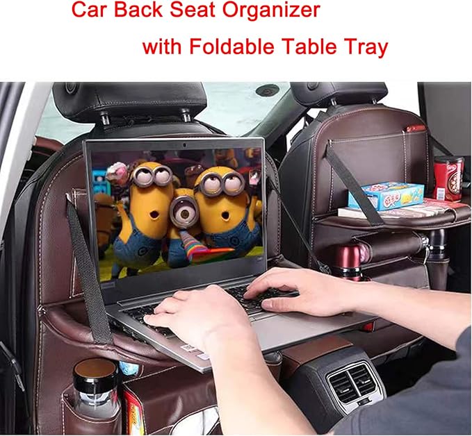 Premium PU Leather Backseat Seat Organizer with Foldable Table, Multi-Storage Pockets and Adjustable Buckle Strap - Beige