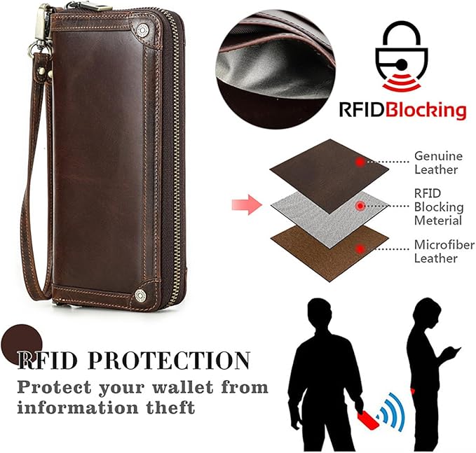 Top Grain Genuine Oiled Leather Clutch Wallet for Man & Woman, Handmade Vintage Design, Multi Pockets & Slots & Detachable Wristlets, RFID Large Capacity for Cards/Checks/Money/Passport, Red Coffee