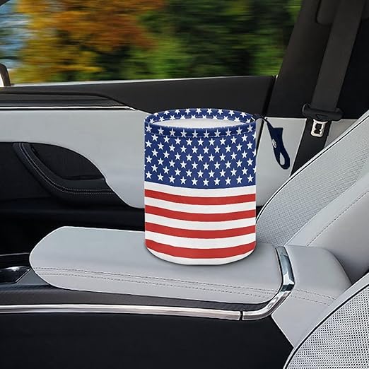 America Flag Star Stripes Multifunctional Console Basket Rubbish Bin Portable Car Waste Basket Container Waterproof Auto Storage Box Travel Accessories