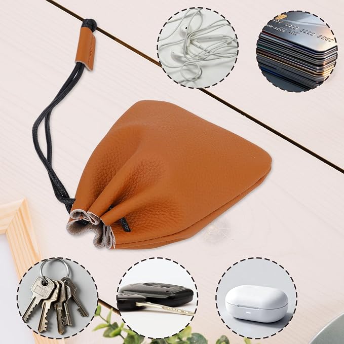 Penitue Leather Drawstring Pouch, Cowhide Vintage Leather Storage Bags Pouch Medieval Coin Purse Organizer for Earphone (Light Brown)
