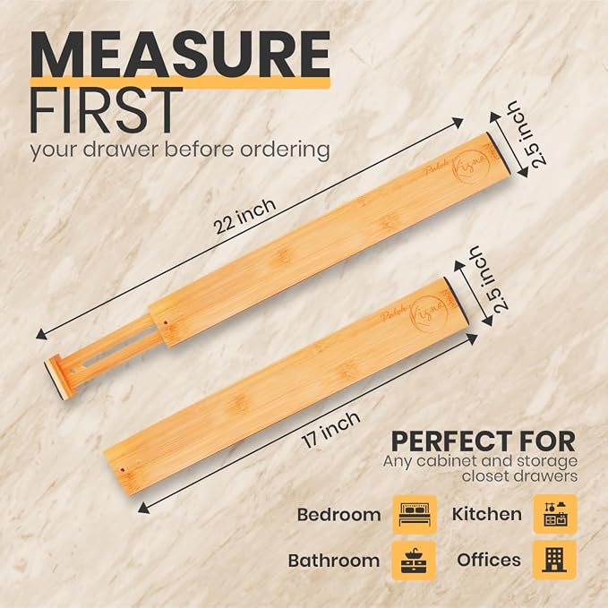 Adjustable Bamboo Drawer Dividers, Drawer Organizer for Kitchen, Bedroom, Bathroom, Office Desk, Dresser Nursery & Silverware, Natural Wooden Separators with Soft Foam Ends, Expandable