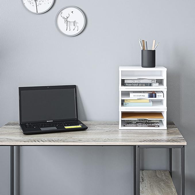 Ballucci File Organizer, 2-Tier Document Paper Sorter, Stackable Wood Desk Organizer Mail Holder, Monitor Stand with Storage Shelves, White