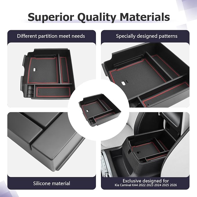 LUWU 2025 2026 Carnival Center Console Organizer Compatible with Kia Carnival KA4 2022-2025 2026 Accessories Armrest Console Storage Box Insert Tray ABS Material Black Coin Container, Red