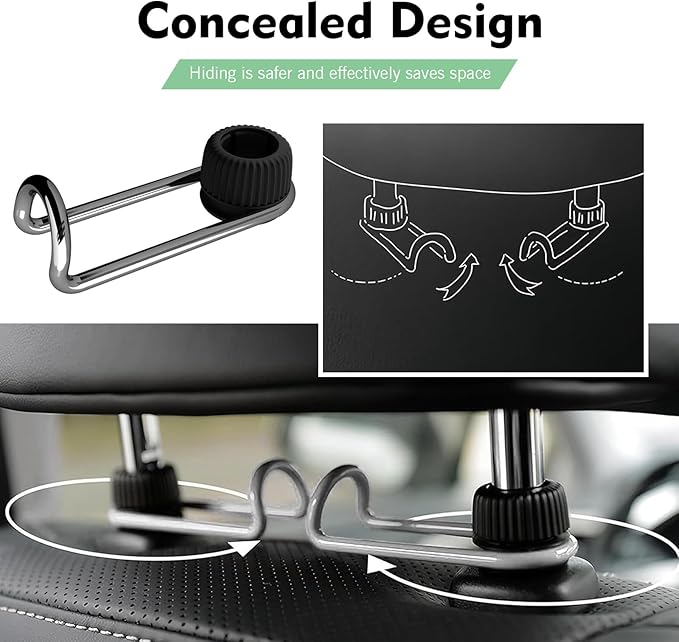 2 PCS Headrest Hooks for Car, 10KG Heavy Duty Rotatable Hidden Hooks, Car Seat Back Organizer Storage Accessories, Universal for Most Cars, SUVs, Trucks (Black)