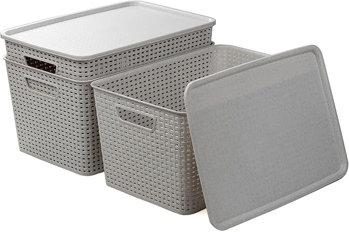 BINO | Plastic Storage Baskets with Lids, 22 Liter - 3 Pack, Natural Grey | THE WOVEN COLLECTION | Storage Basket for Shelves | Woven Storage Baskets for Organizing Bins | Pantry Shelf Organizer Bin