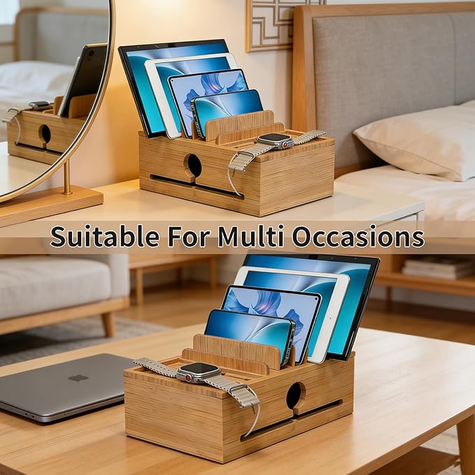 Bamboo Charging Station Organizer for Multi-Devices with Tray, Nightstand Desk Electronic Organizer Stand for Cell Phone, Tablet, Etc (with 5-Cable, No USB Charger)