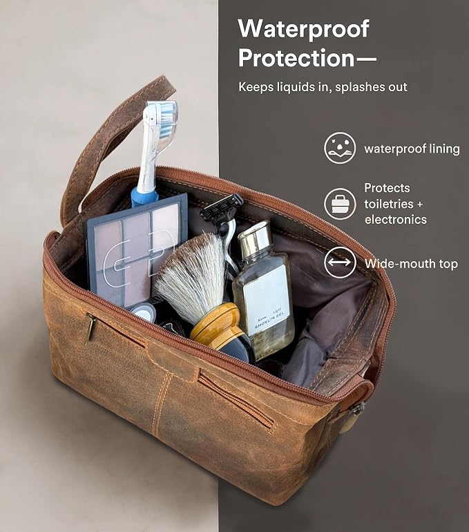 RUSTIC TOWN Full Grain Leather Toiletry Bag for Men – Wide Opening Dopp Kit with Metal Frame, Water-Resistant Travel Organizer for Shaving, Grooming & Accessories