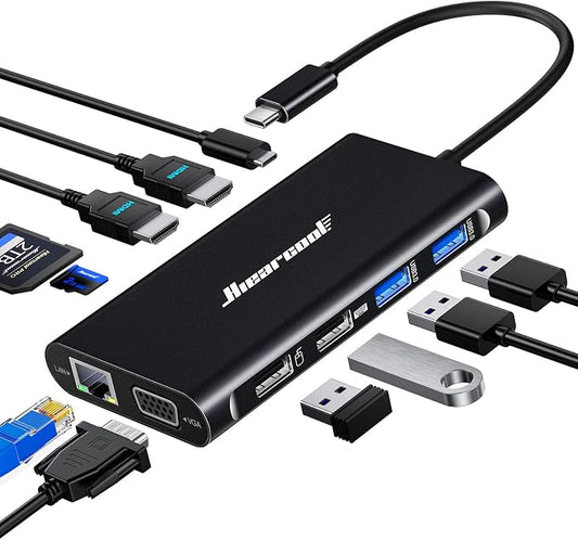 Hiearcool USB C Laptop Docking Station, 11-in-1 Type C Hub Multiport Adapter Dongle, USB C Dock with Dual HDMI VGA 100W PD Charging Gigabit Ethernet for Dell HP Lenovo Windows Laptops