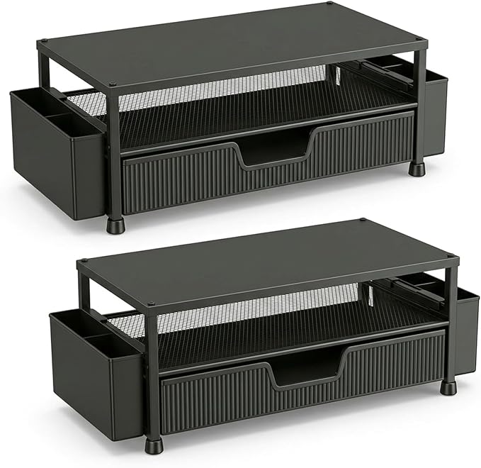 ECOLOVI Desk Organizer and Accessories, 2-Tier Computer Monitor Stand Rise with Storage Drawer & 2 Pen Holders, Laptop & Printer Stand for Desktop, Workspace Organizers for Office Supplies (Black 2-Pack))