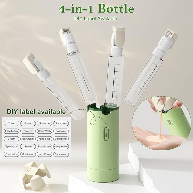 4 in 1 Refillable Travel Dispenser,Portable Travel Toiletries Bottle Set,Travel Size Shampoo and Conditioner Bottles,Toiletries Leak Proof Travel Size Containers for Vacation Business Trip
