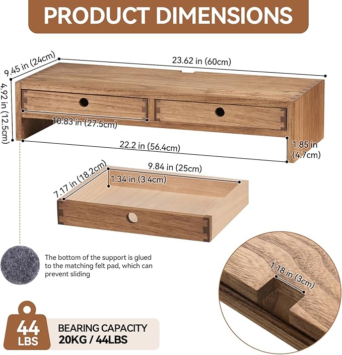KIRIGEN Wood Monitor Stand with 2 Drawers, Solid Wood Computer Monitor Riser for Desk, Desktop Organizer Shelf with Cable Management, Pen Slots, Brown, No Assembly PMJ-DBR