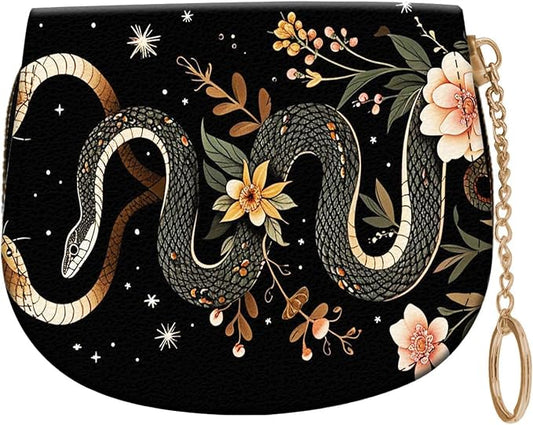 Women's Slim RFID Wallet – Compact Leather Card Holder Wallet for Women, 9 Card Slots RFID Blocking Credit Card Organizer, Small Travel Wallet - Aesthetic Snake Floral