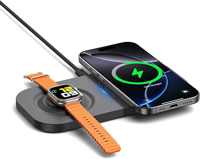 Magnetic Wireless Charging Station,2 in 1 Travel Fast Wireless Charger for iPhone 17/16/15/14/13/12 Series, Magnetic Qi Certified Charger Dock Stand for AirPods & Apple Watch Series