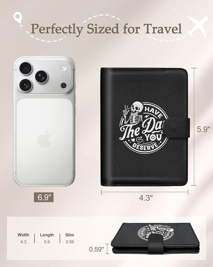Slohif Passport Wallet Holder Cover for Travel - Women Men RFID Blocking Passport Book Case Protector, Black Fun Skull Skeleton Leather Personalized Organizer Slim Carrier Boarding Pass Cards Slots