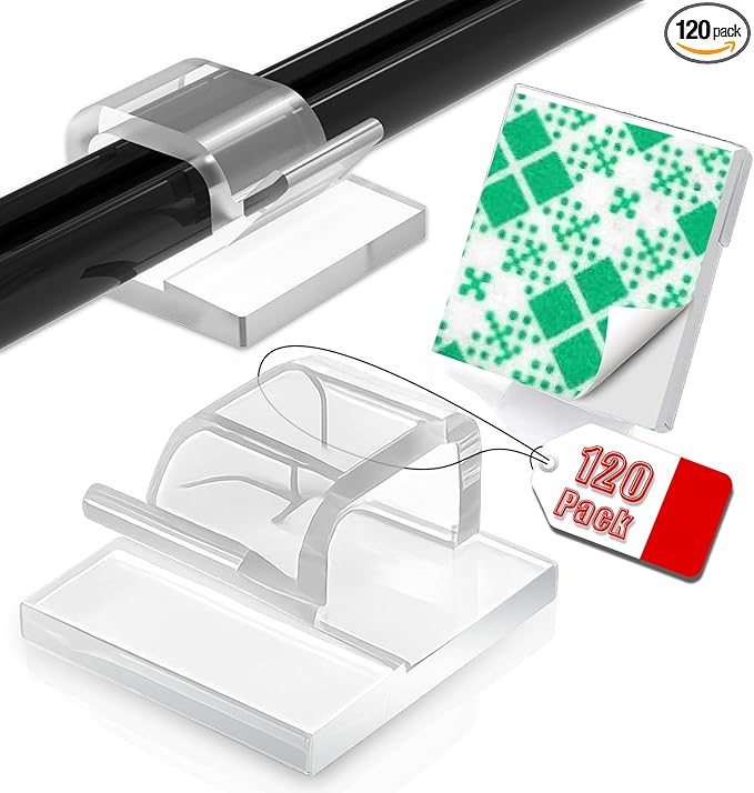 120PCS Heavy-Duty Adhesive Cable Clips, Clear Traceless Cord Organizer & Wire Holders for Wall, Desk, Car, LED Strips and Outdoor Lights (Small)