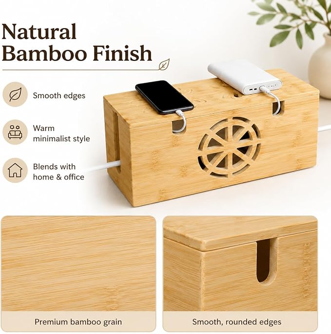 Cable Management Box - Large Bamboo Cord Organizer for Desk and Home Office - Power Strip Hider with Ventilation, 15.7 x 6.7 x 6.7in