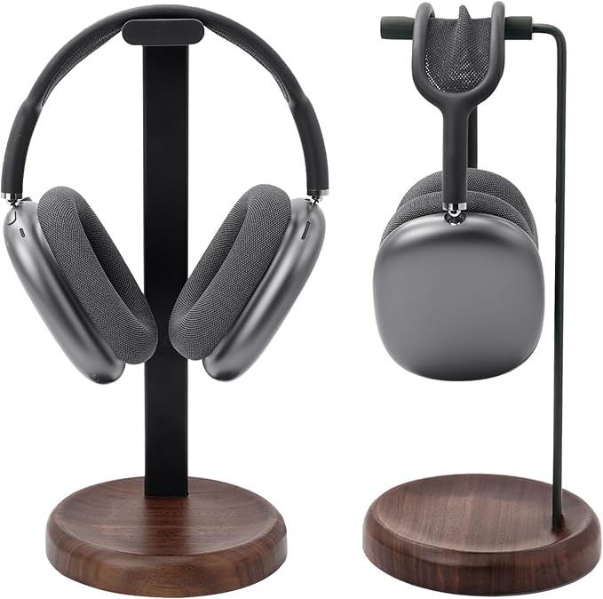 GEVO Headphone Stand for Desk - Walnut Wood & Aluminum Headset Stand, Universal Wooden Gaming Headphone Holder for AirPod Max, Bose, Sony, Razer, Jabra, JBL (Walnut Circular Base)