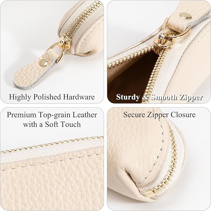 Full Grain Leather Coin Pouch - Travel Small Coin Purse with Zipper - Mini Key Pouch Change Purse for Women and Men (Off White, Large Size)