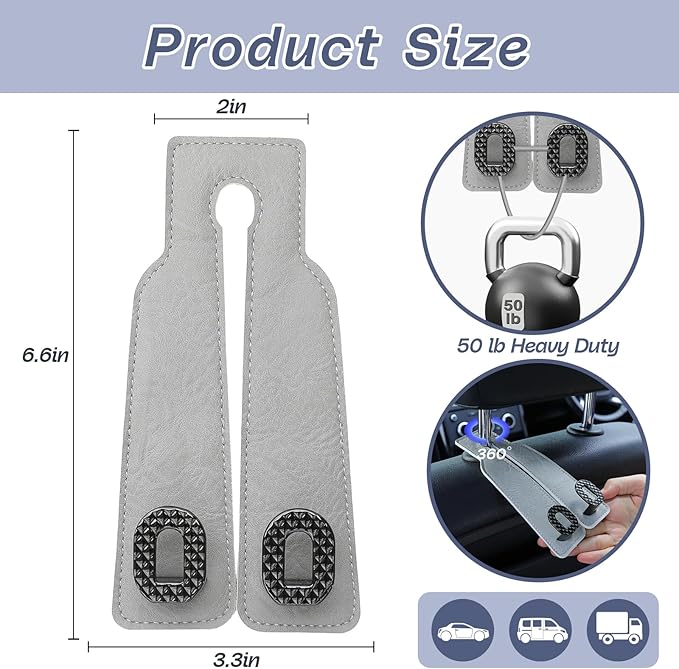 Car Headrest Hooks Universal Car Purse Hook Premium Leather and Alloy Twin Hook Car Seat Back Storage Hanger Hook for Purse Bags Cloth Drink Durable Holder Car Accessories (BH09-Grey-Black)