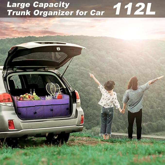 Collapsible Trunk Organizer, 102L Large Capacity Portable Car Storage for SUV, Purple, 3 Compartments