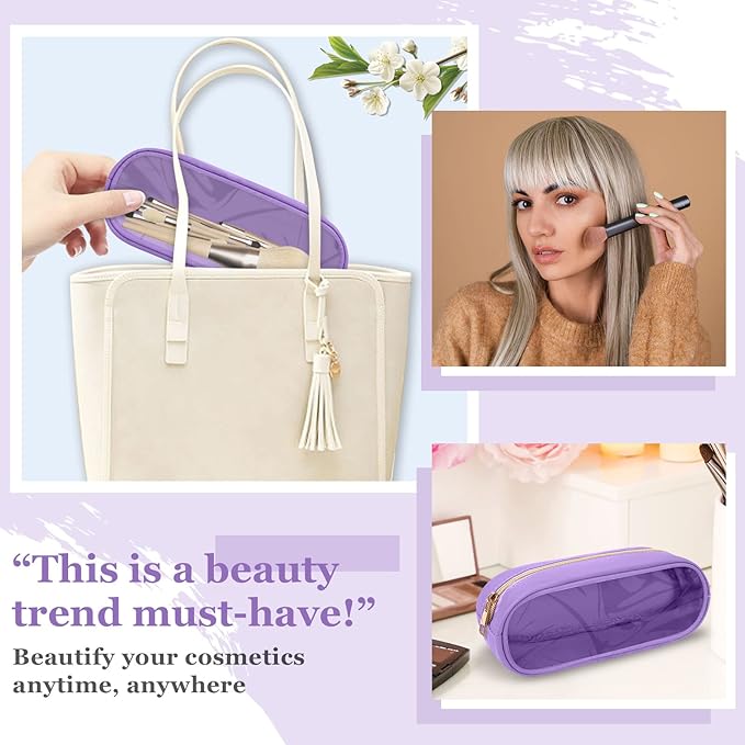 Nylon Small Clear Makeup Bag Slim Pencil Pouch, Cute Makeup Bag Preppy Cosmetic Zipper Pouch Pencil Case for Purse, Travel PVC Toiletry Bag Clutch Coin Pouch Makeup Organizer for Women Girls(Purple)