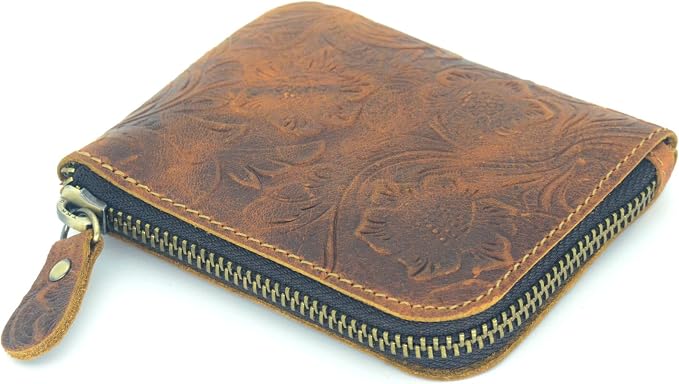 JJNUSA Genuine Leather Zipper Coin Purse Wallet With Key Car Smart Holder, Change Purse, Coin Pouch Holder For Men (Flower brown)