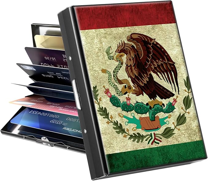 Metal Wallet, Credit Card Holder for Women Men Girls, RFID Blocking Aluminum Wallet Slim Hard Case, Mini Travel Wallet, ID Card Holder Business Card Case,Mexico Mexican Vintage Flag