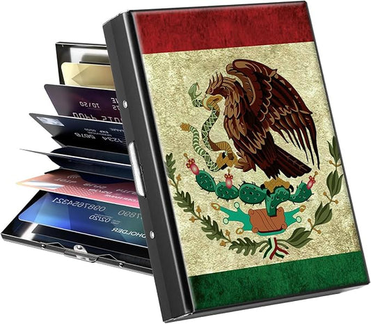 Metal Wallet, Credit Card Holder for Women Men Girls, RFID Blocking Aluminum Wallet Slim Hard Case, Mini Travel Wallet, ID Card Holder Business Card Case,Mexico Mexican Vintage Flag