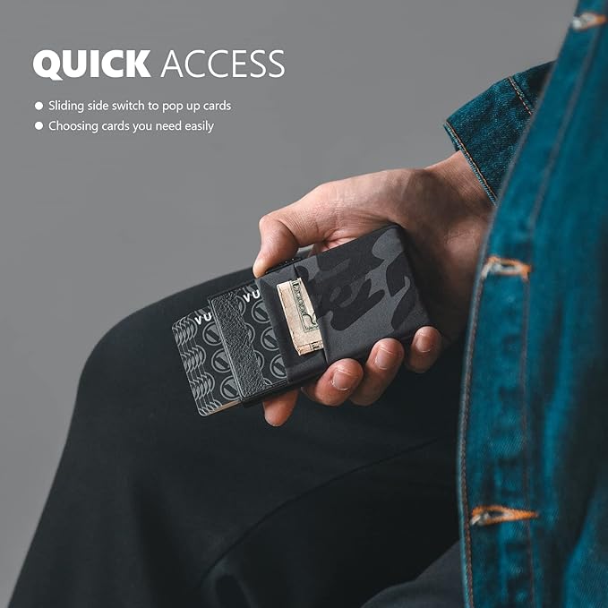 VULKIT Minimalist Wallet with ID Window & EDC Pocket Pop Up Card Holder RFID Blocking Slim Wallet Design for Airtag Cash Coins & Credit Cards
