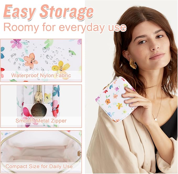 Nylon Mini Floral Makeup Bag for Purse, Small Cute Makeup Bag Preppy Flower Cosmetic Zipper Pouch, Waterproof Travel Set Coin Pouch Sanitary Napkin Storage Bag Makeup Organizer for Women(White-Flower)