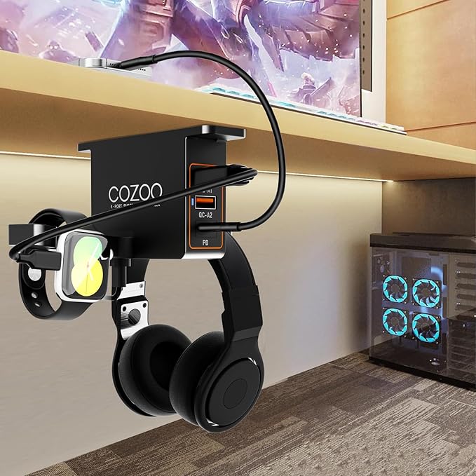 cozoo Headphone Stand with USB Charger Under Desk Headset Holder Mount 3 USB Charging Station,iWatch Stand Watch Dock Dual Earphone Hanger Hook,PC Accessories Gifts,UL Tested