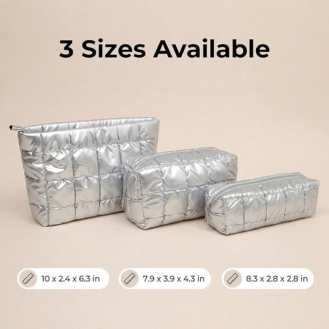 3Pcs Puffer Quilted Makeup Bag Travel Cosmetic Bag Set Portable Puffy Checkered Toiletry Pouch Skincare Organizer Purse Pencil Case (Silver)