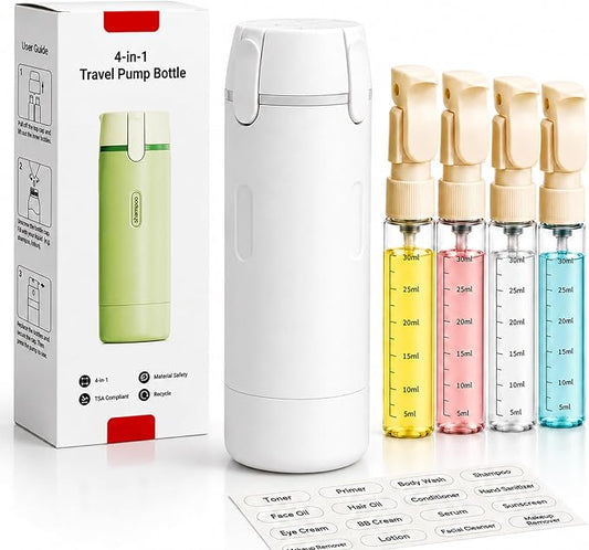 4 in 1 Travel Dispenser Bottles Shampoo Refillable Leak Proof TSA Compliant Size Containers Toiletries Toiletry with Pump Design Portable Organizer Conditioner Lotion Cream Vacation (White)