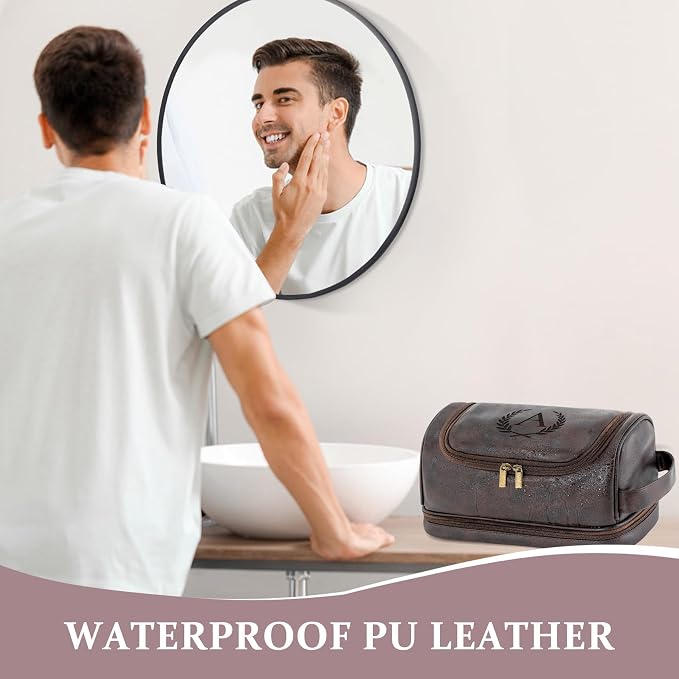 Personalized Gifts Travel Toiletry Bag for Men Him, Laser-Engraved Initial PU Leather Waterproof Shaving Bag Christmas Birthday Gift for Men Dad Husband Boyfriend Groomsmen, Dark Brown M