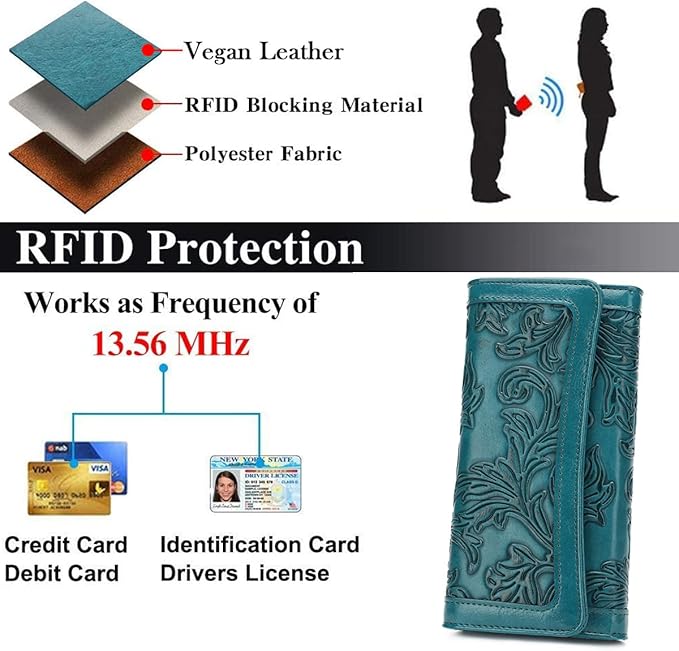 MEITRUE Women's Wallet Leather RFID Blocking Trifold Ladies Purse Embossed long Clutch Card Holder Phone Checkbook Organizer
