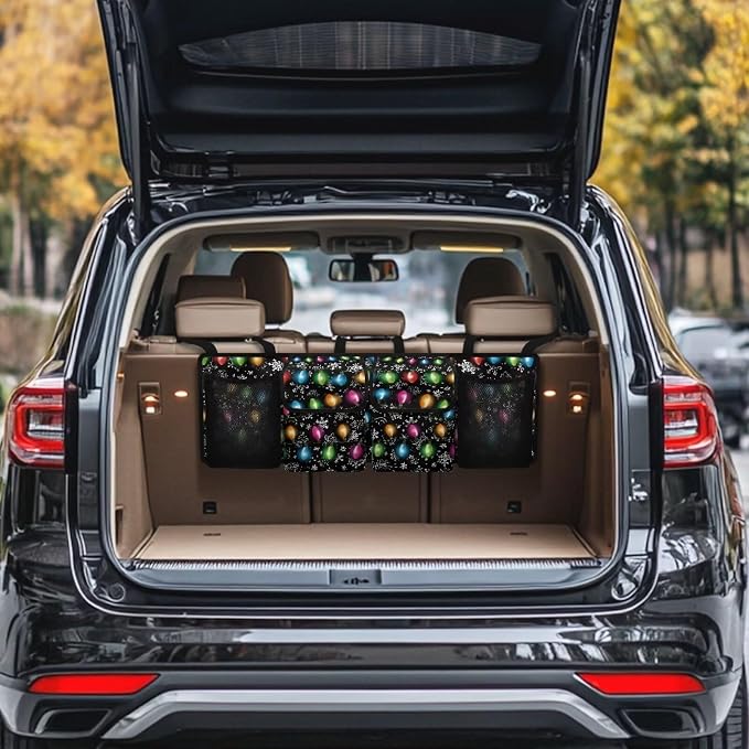 Christmas Colorful Lights Trunk Organizer,Capacity Car SUV Organizer with Elastic Net, Hanging Car Storage Bag with Lids, Space Saving Expert