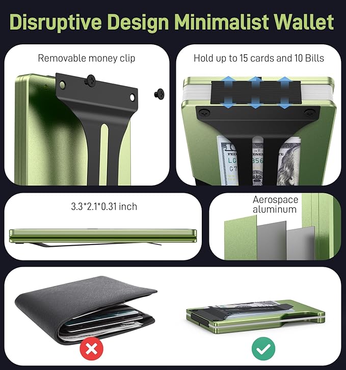 Slim Wallet for Men, Air Wallet Build in Airtag Chip, Smart Wallet Compatible with Apple Find My iOS Only, Minimalist Front Pocket Wallet RFID-Blocking Card Holder with Money Clip (Green)
