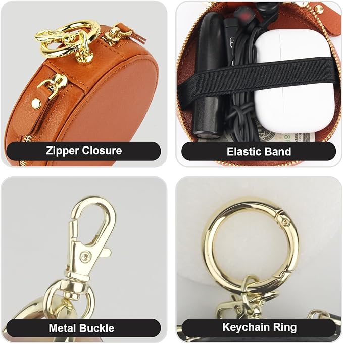Bocasal Coin Pouch Mini Lipstick Cosmetic Bag with Airtag Holder Mirror, Leather Zipper Travel Makeup Bag Organizer Keychain Ring Clasp for Keys Earbuds Earphone Lip Gloss Chapstick Women Girl (Brown)