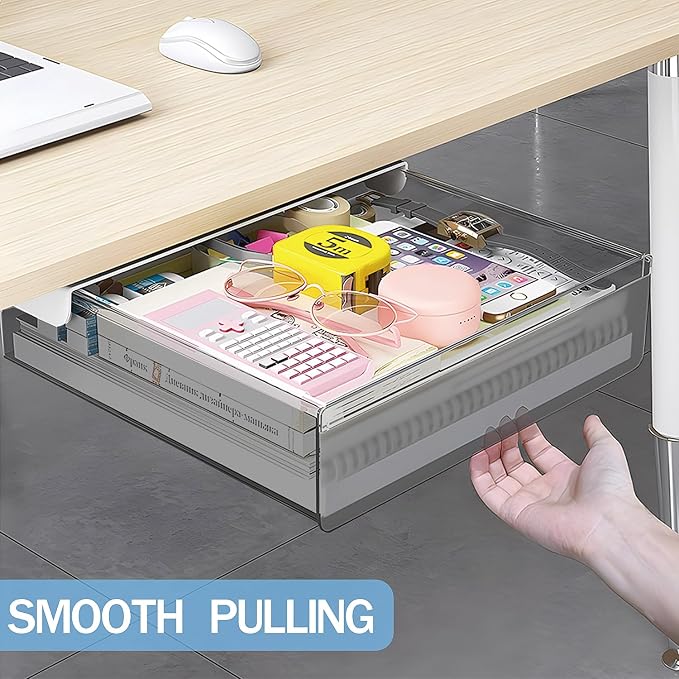SVNNELP Large Under Desk Table Drawer Storage Organizer A4, Hidden Self-Adhesive Under Desk Pencil Tray Drawer for Office (Clear Black/L)