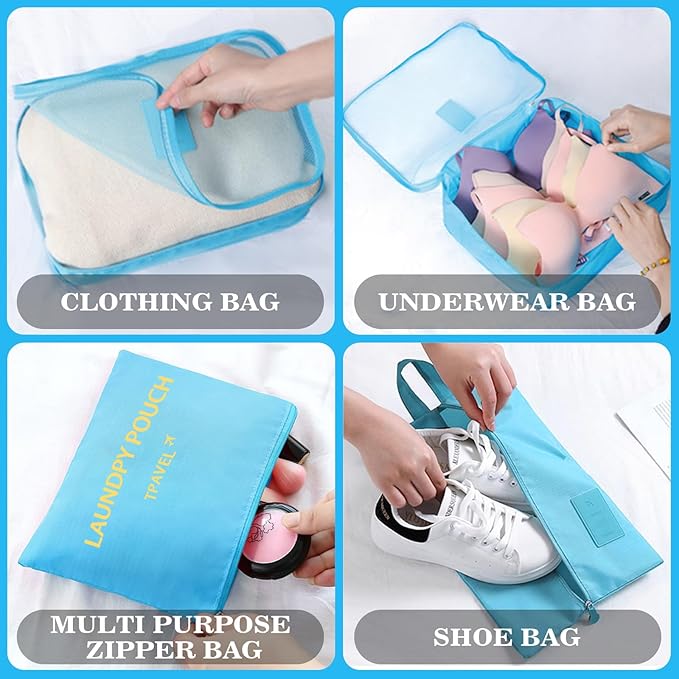 8 Set Packing Cubes for Travel Luggage Packing Bags Reusable Waterproof Suitcase Organizer Cubes Set with Shoe Bag and Toiletry Bag (Sky Blue)