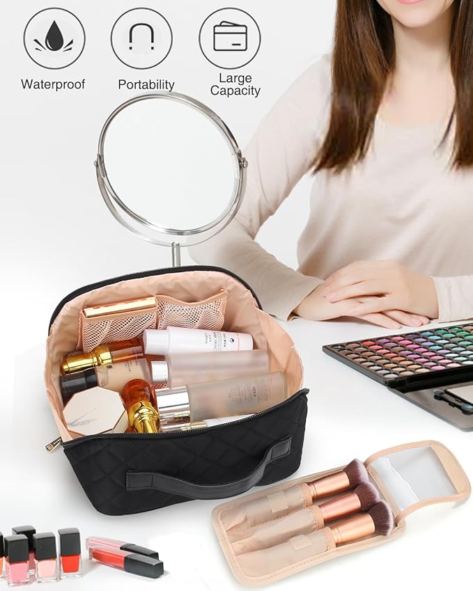Relavel Travel Makeup Bag, Large Capacity Cosmetic Bag for Women, Waterproof Portable Makeup Pouch with Separate Makeup Brush Board, Wide Open Flat Toiletry Bag - Black