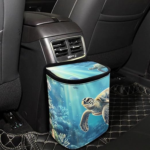 Biyejit Sea Turtle Print Hanging Car Trash Bag Can with Lid, Collapsible Car Garbage Bag with Pockets, Garbage Can for Central Control Leak-Proof Trash Storage Organizer Box
