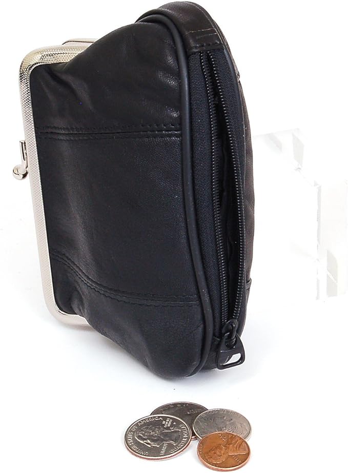 Womens Leather Mini Wallet ID Credit Cards Cash Coin Holder Case Organizer Puse with Framed & Zipper Closures - Black