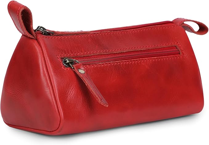 Leather Makeup Bag for Women – Genuine Leather Cosmetic Bag Travel, Handmade Zippered Makeup Pouch, Small Toiletry Bag, Shaving Kit & Stationery Organizer- Red