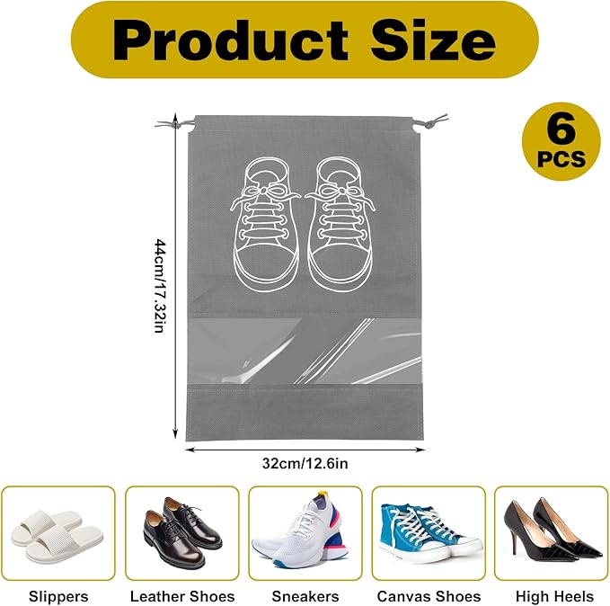 6 Pcs Travel Shoe Bags, Waterproof Non-Woven Shoe Storage Organizers with Drawstring Portable Packing Pouches for Suitcase Dark Grey Foldable Shoes Covers(12.6x17.32 Inch)
