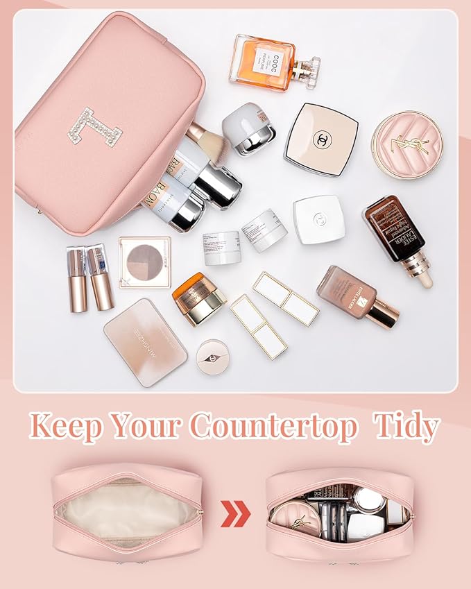 VLANDO Personalized Makeup Organzier Bag,Gift for Women Cute Makeup Pouch, PU Leather Make up Travel Bag Cosmetic Bag Birthday Gifts for Couple Mom Wife Letter B